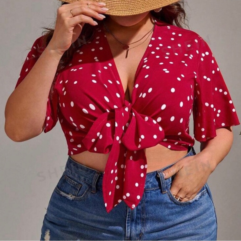 Red Polka Dot Tie-Front Top